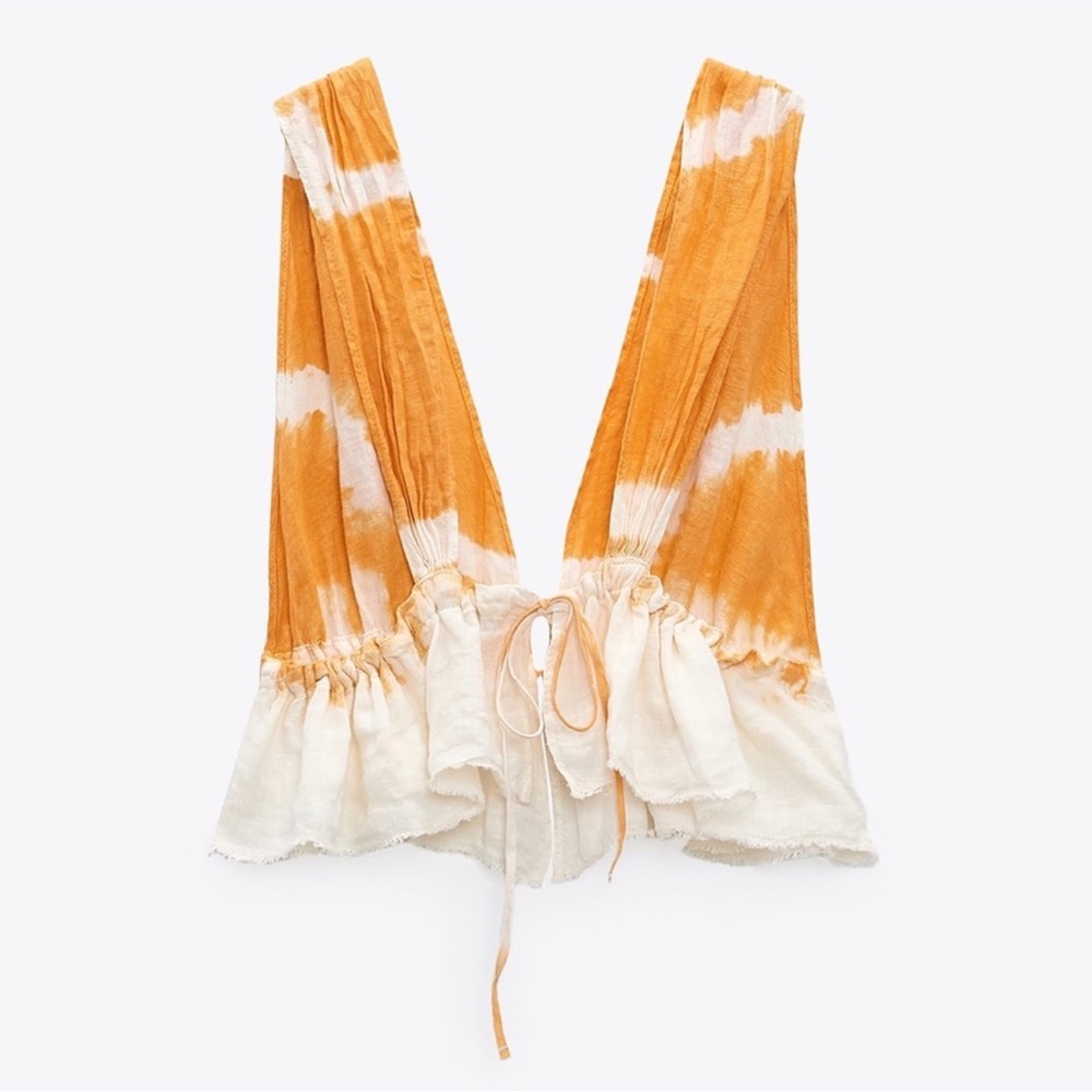 ZARA Tie Dye Linen Crop Top – NWT, Frayed Hem, Back Tie, Women’s XS